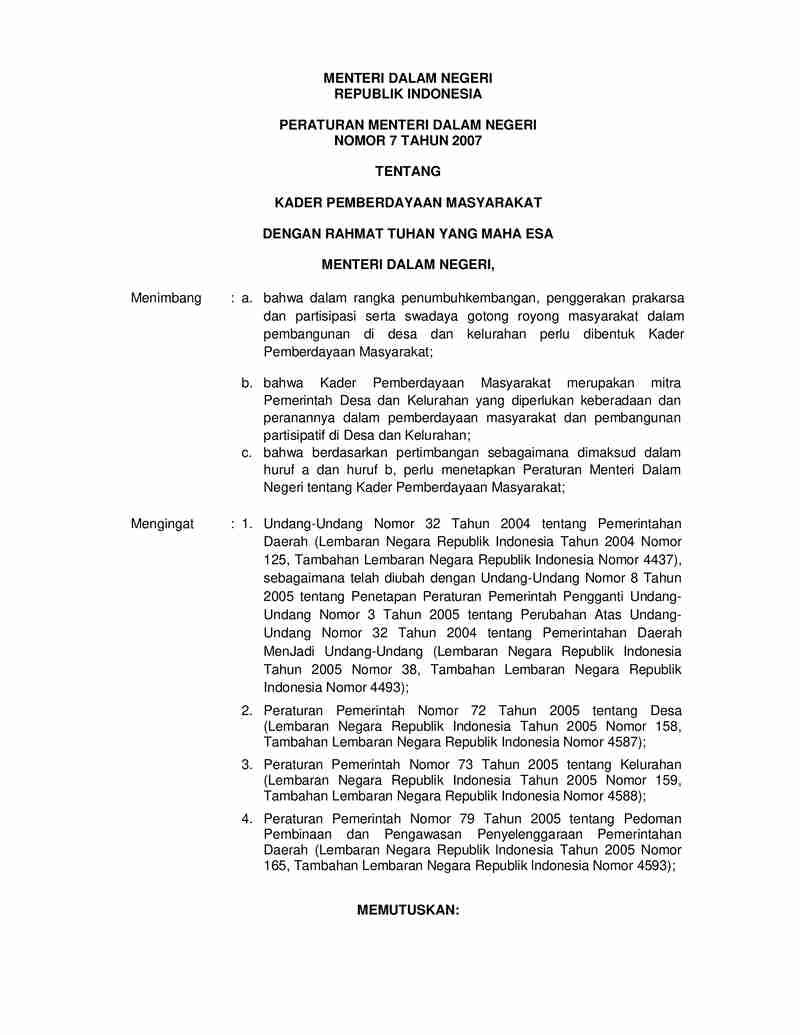 Peraturan Menteri Dalam Negeri No 7 tahun 2007 tentang Kader Pemberdayaan Masyarakat
