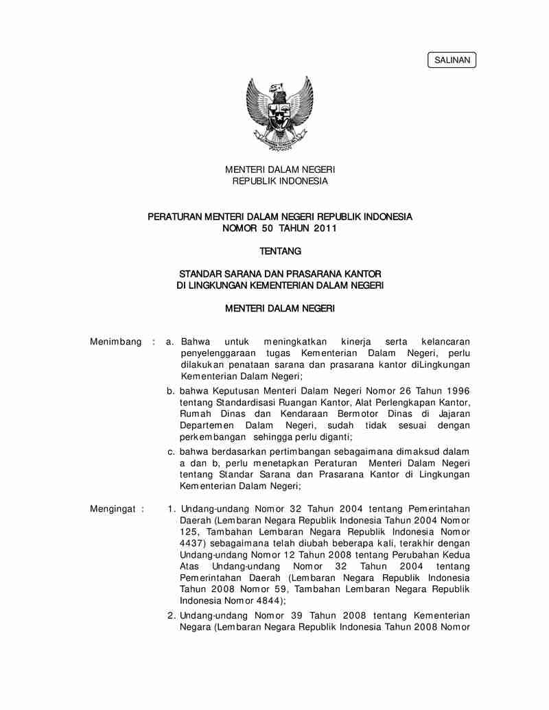 Peraturan Menteri Dalam Negeri No 50 tahun 2011 tentang Standar Sarana Dan Prasarana Kantor Di Lingkungan Kementerian Dalam Negeri