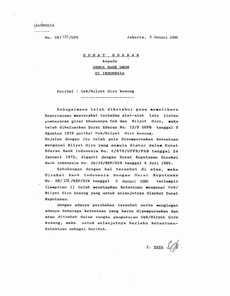 Surat Edaran Bank Indonesia (BI) No 28/137/UPG tahun 1996 tentang Cek/Bilyet Giro Kosong