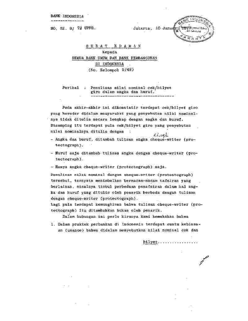 Surat Edaran Bank Indonesia (BI) No 9/72/UPPB tahun 1977 tentang Penulisan Nilai Nominal Cek/Bilyet Giro Dalam Angka dan Huruf