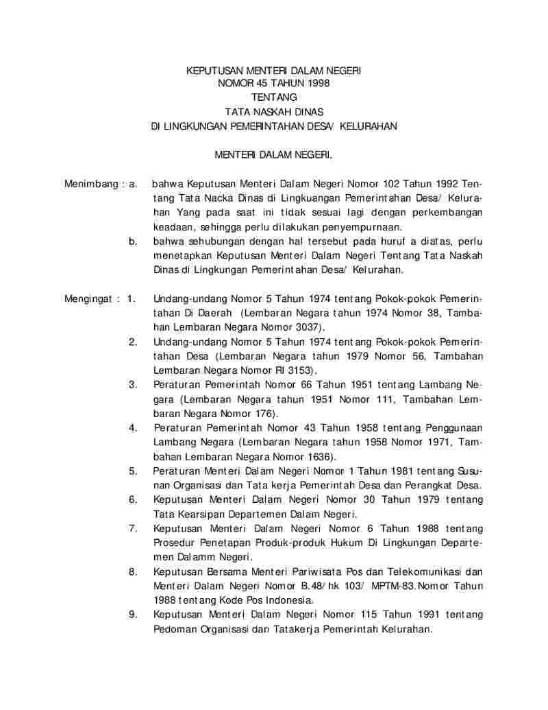 Keputusan Menteri Dalam Negeri No 45 tahun 1998 tentang Tata Naskah Dinas Di Lingkungan Pemerintahan Desa/Kelurahan
