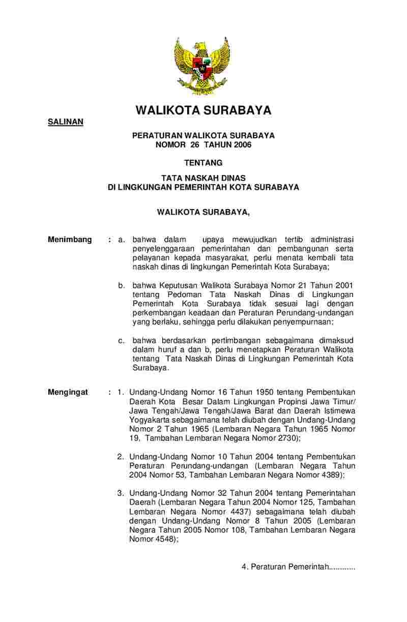 Peraturan Walikota Surabaya No 26 tahun 2006 tentang Tata Naskah Dinas Di Lingkungan Pemerintah Kota Surabaya